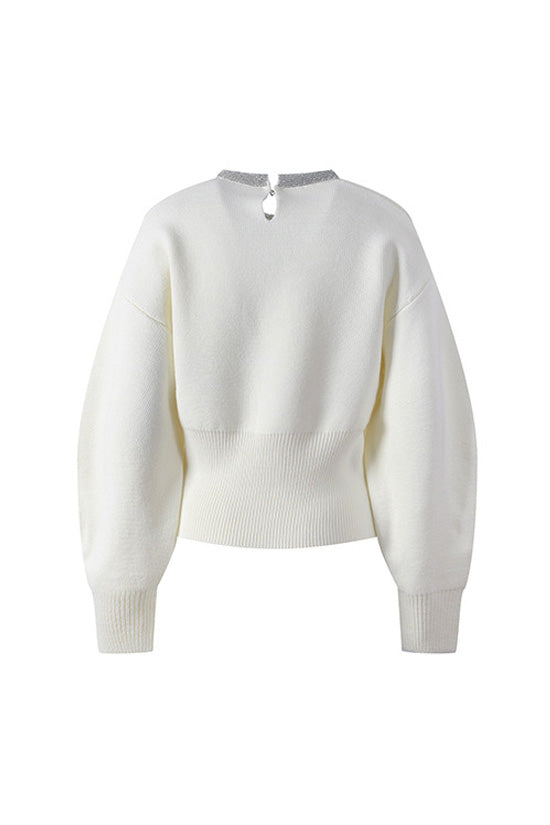 Sparkly Crystal Collar Keyhole Wool Blend Fitted Waist Ribbed Knit Sweater - Fashionpara