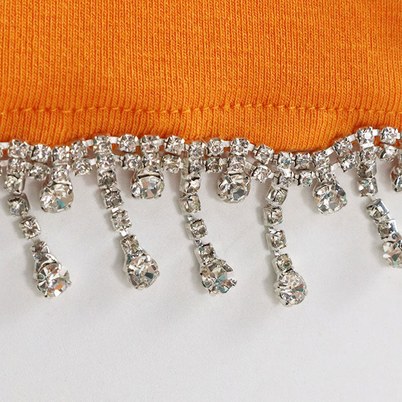 Crystal Fringe Short Sleeve Crop Top Mini Skirt Matching Set - Orange - Fashionpara