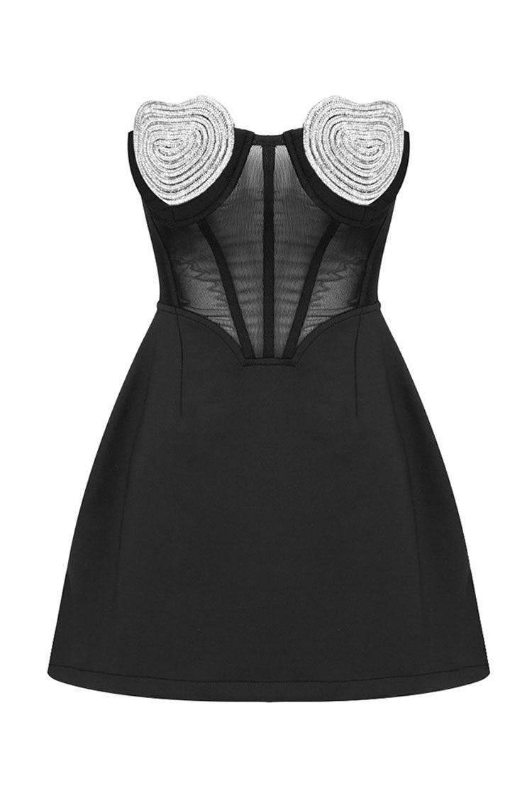 Sparkly Crystal Heart Shape Semi Sheer Strapless Party Mini Dress - Black - Fashionpara