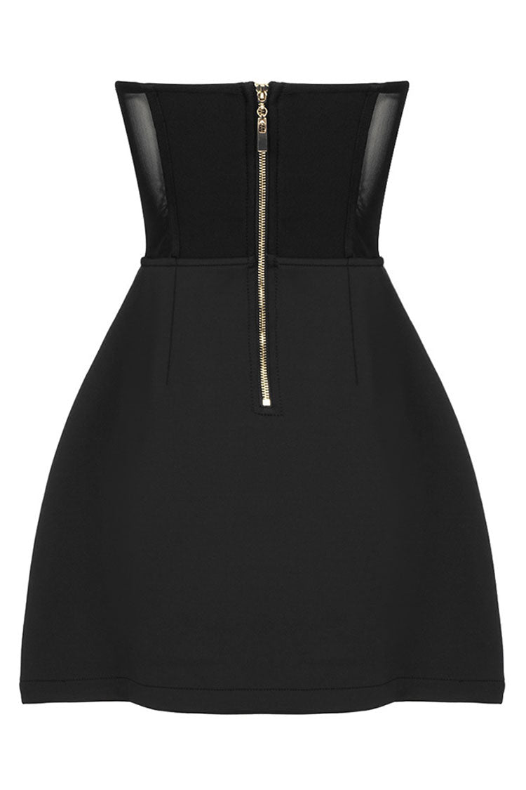 Sparkly Crystal Heart Shape Semi Sheer Strapless Party Mini Dress - Black - Fashionpara