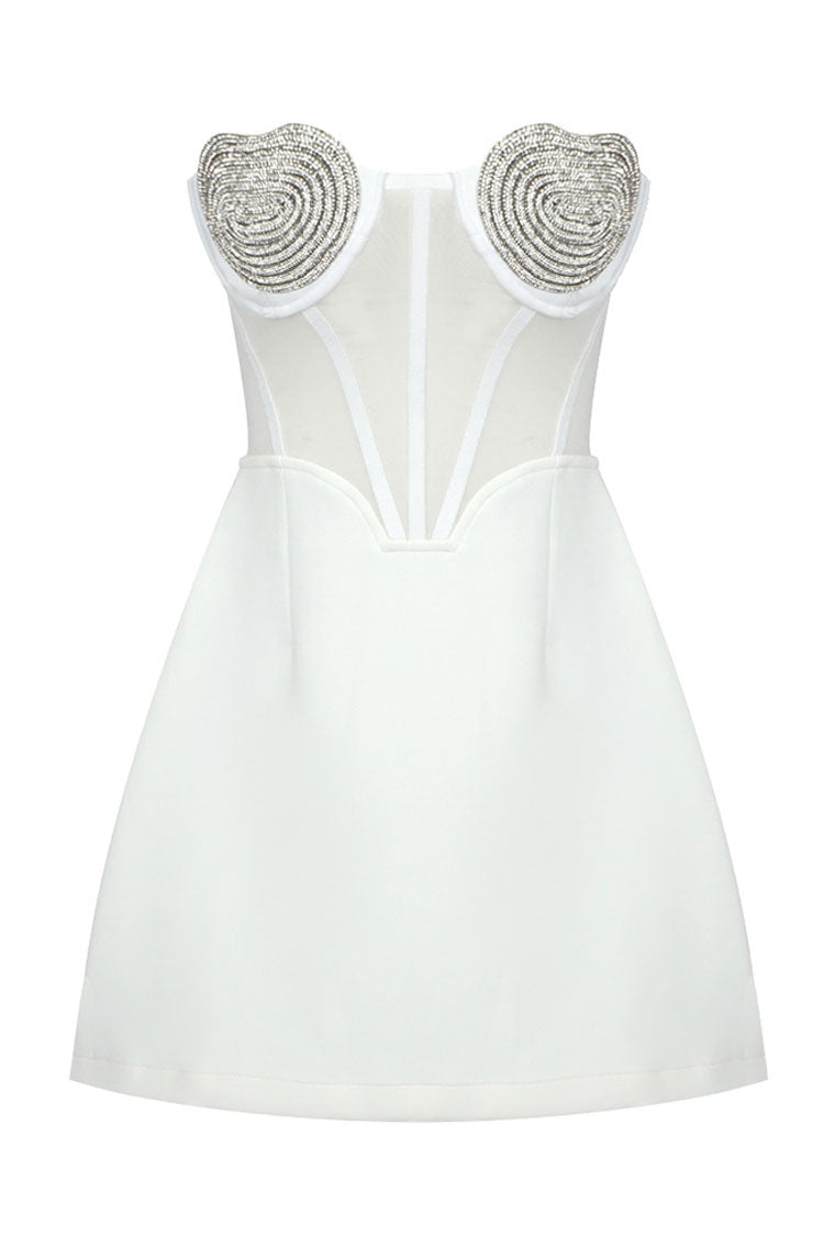 Sparkly Crystal Heart Shape Semi Sheer Strapless Party Mini Dress - White - Fashionpara