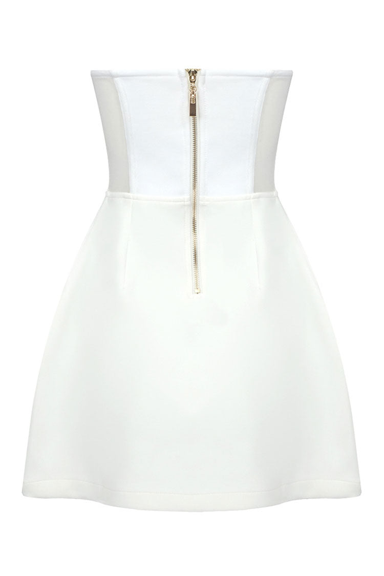 Sparkly Crystal Heart Shape Semi Sheer Strapless Party Mini Dress - White - Fashionpara