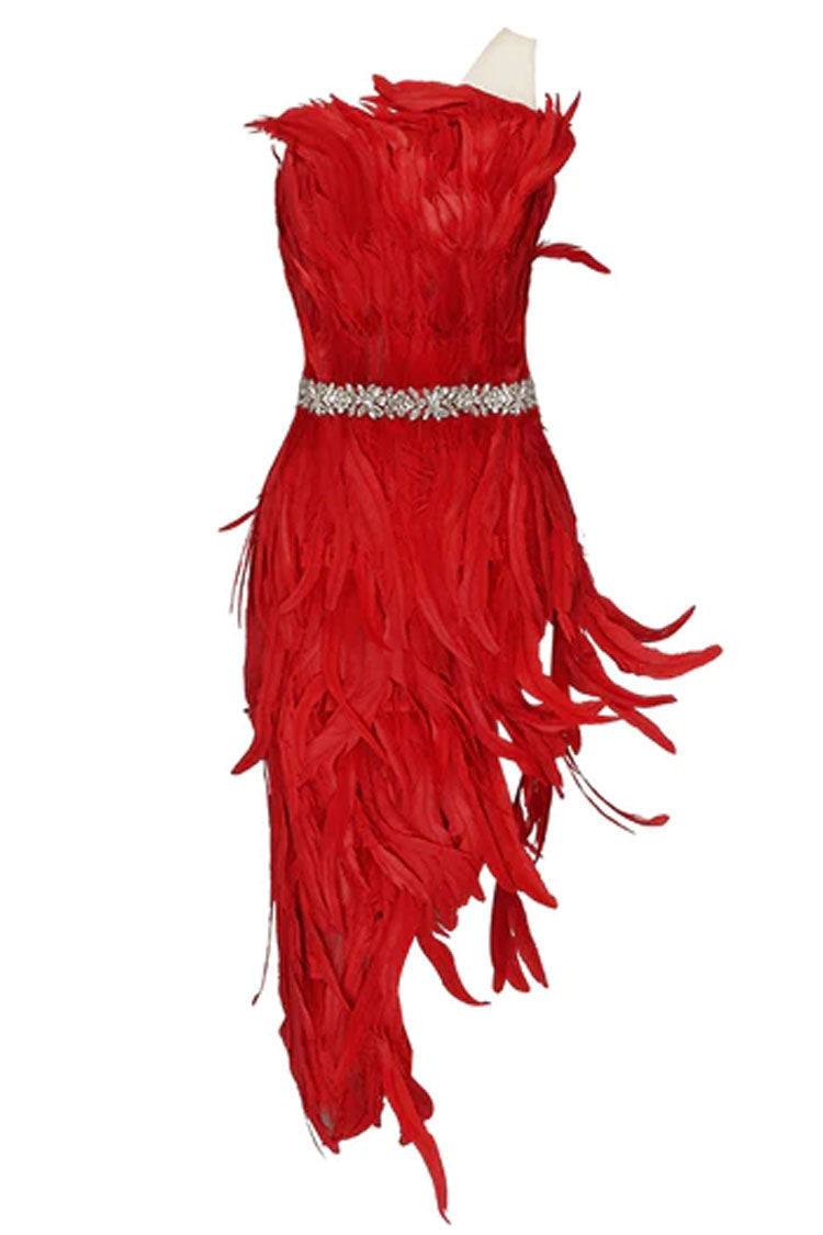 Sparkly Crystal One Shoulder High Slit Feather Midi Dress - Red - View 4