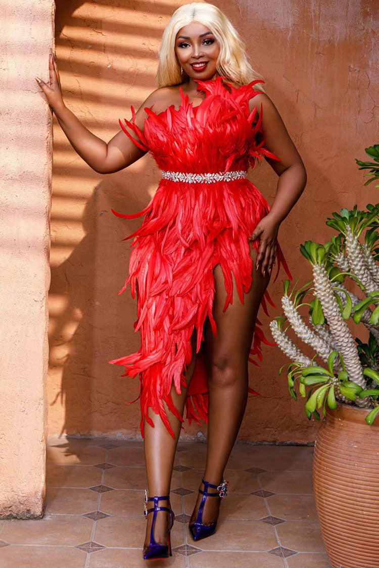 Sparkly Crystal One Shoulder High Slit Feather Midi Dress - Red - View 3