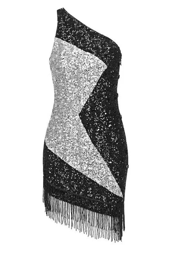 Sparkly Crystal Sequin Contrast One Shoulder Fringe Flapper Mini Dress - Black Fashionpara