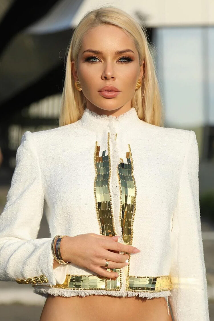 Sparkly Sequin Open Front Crop Eyelash Tweed Jacket