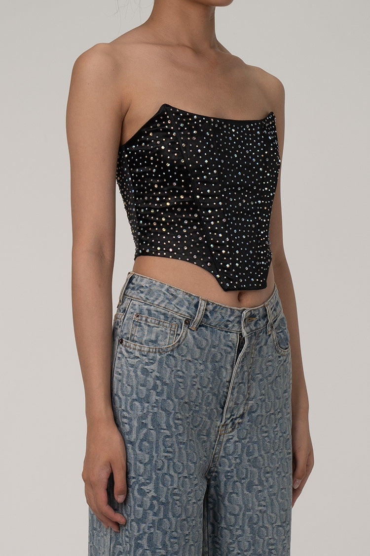 Sparkly Crystal Strapless Sweetheart Drop Waist Satin Corset Crop Top - Fashionpara