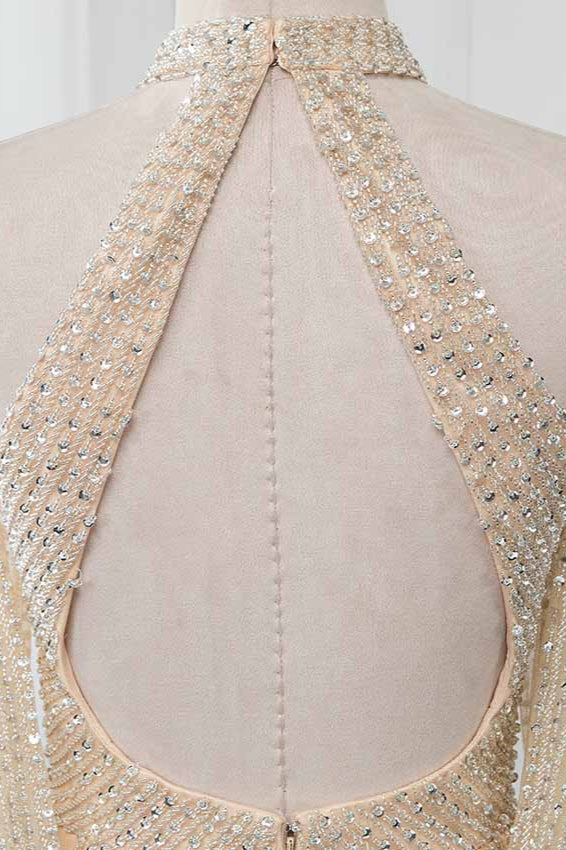 Sparkly Crystals High-Neck Prom Dresses with Front Slit - Fashionpara
