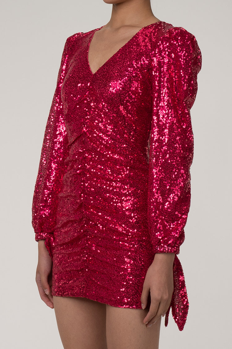 Sparkly Deep V Bow Tie Puff Sleeve Ruched Bodycon Sequin Party Mini Dress - Hot Pink  Fashionpara