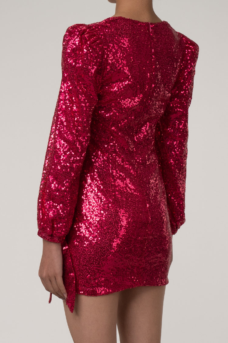 Sparkly Deep V Bow Tie Puff Sleeve Ruched Bodycon Sequin Party Mini Dress - Hot Pink  Fashionpara