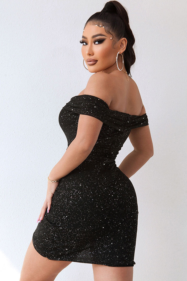 Sparkly Deep V Off The Shoulder Ruched Bodycon Party Mini Dress - Black  Fashionpara
