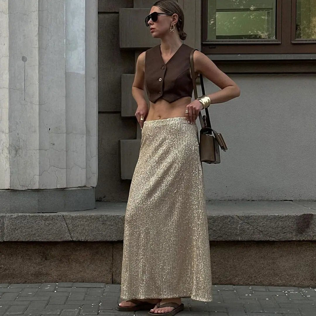 Sparkly Disco Style Drop Waist A Line Party Maxi Sequin Skirt - Gold  Fashionpara