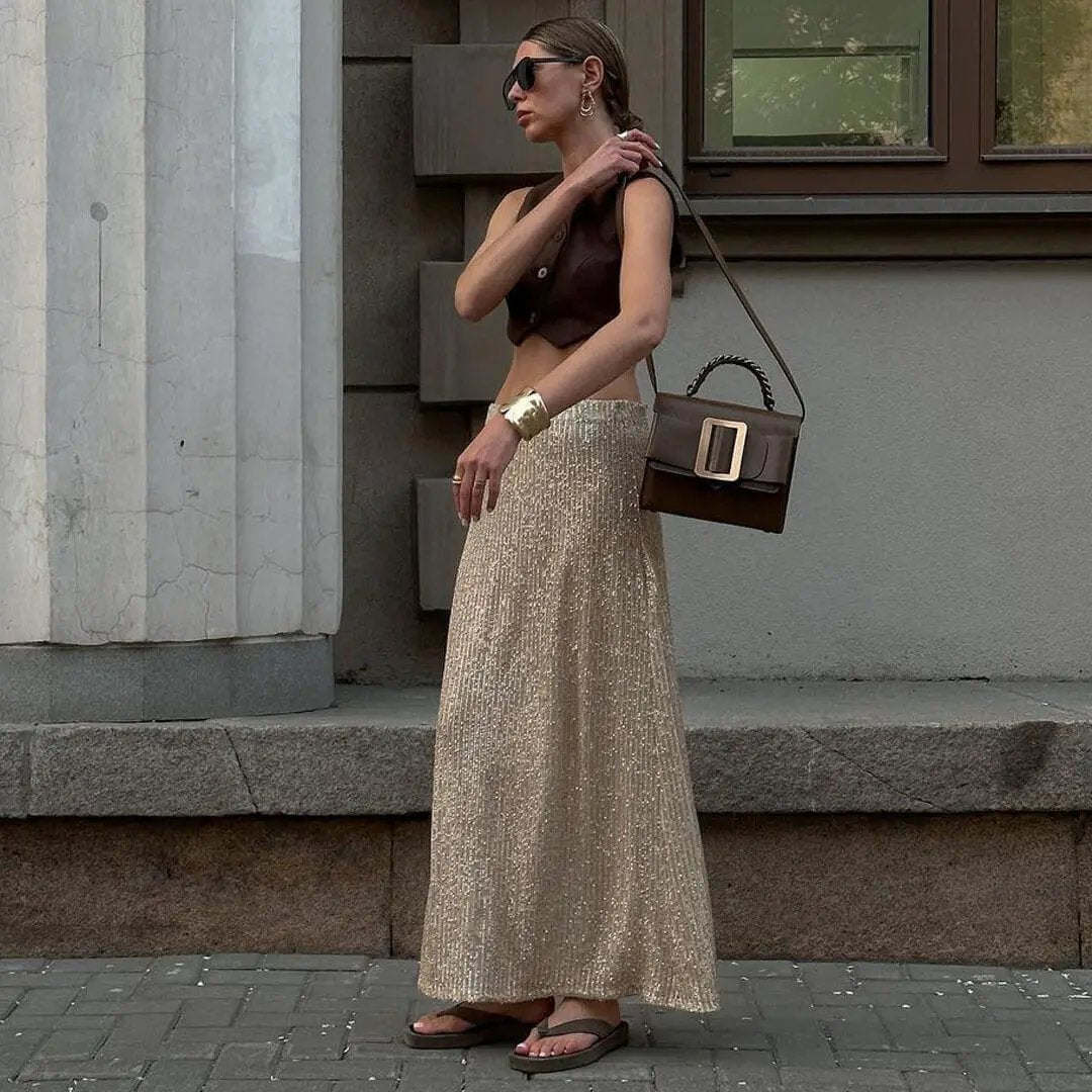 Sparkly Disco Style Drop Waist A Line Party Maxi Sequin Skirt - Gold  Fashionpara