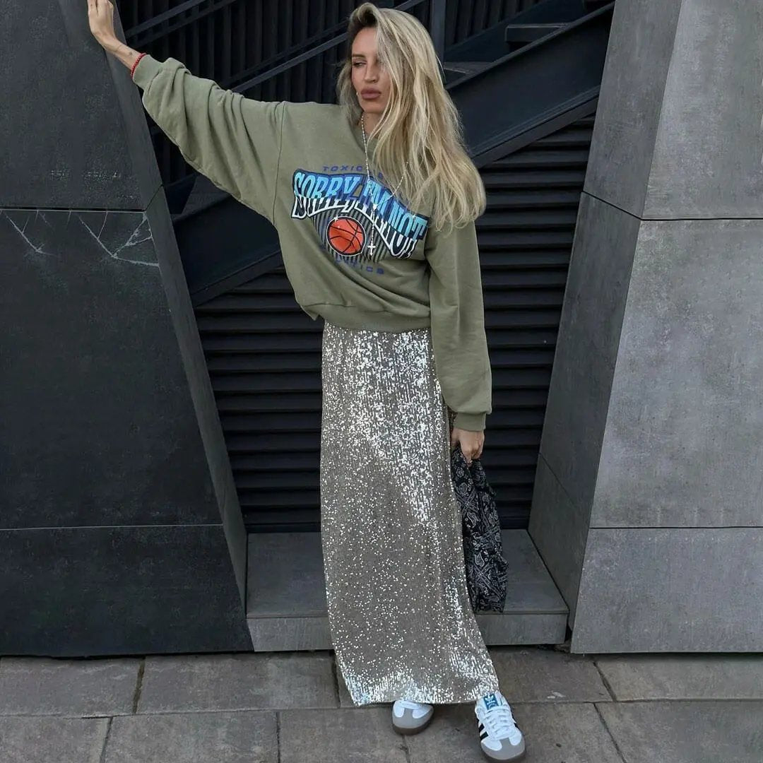 Sparkly Disco Style Drop Waist A Line Party Maxi Sequin Skirt - Silver  Fashionpara
