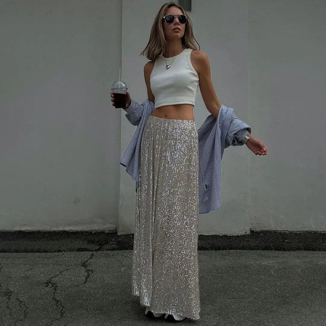 Sparkly Disco Style Drop Waist A Line Party Maxi Sequin Skirt - Silver  Fashionpara