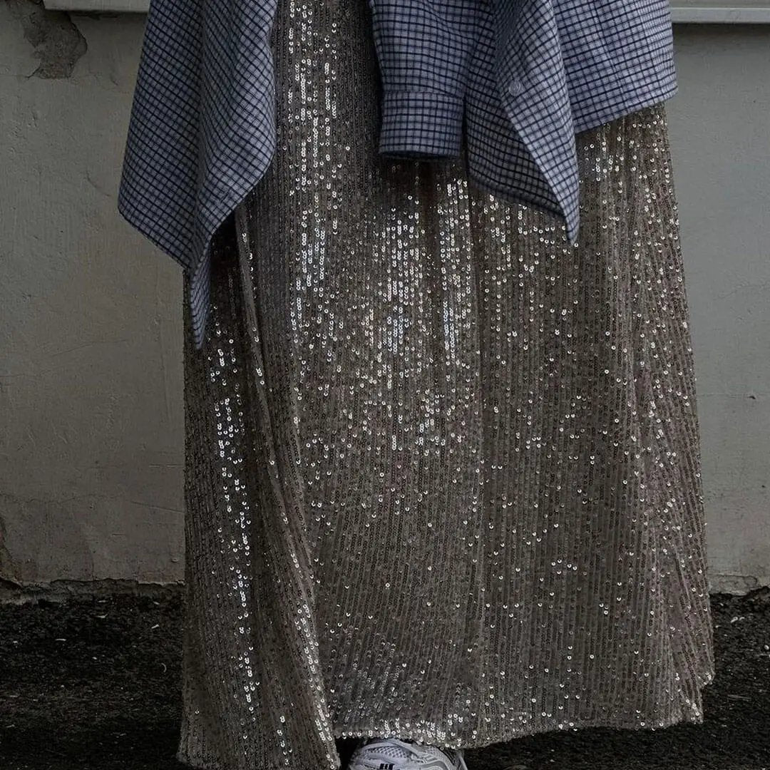 Sparkly Disco Style Drop Waist A Line Party Maxi Sequin Skirt - Silver  Fashionpara