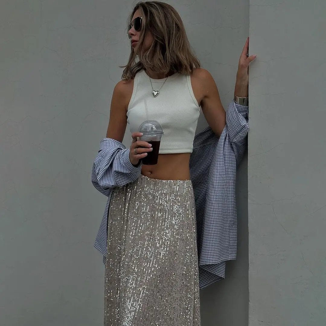 Sparkly Disco Style Drop Waist A Line Party Maxi Sequin Skirt - Silver  Fashionpara