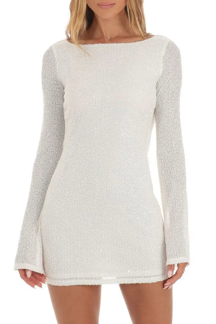 Sparkly Draped Backless Bell Sleeve Bodycon Sequin Party Mini Dress - White Fashionpara