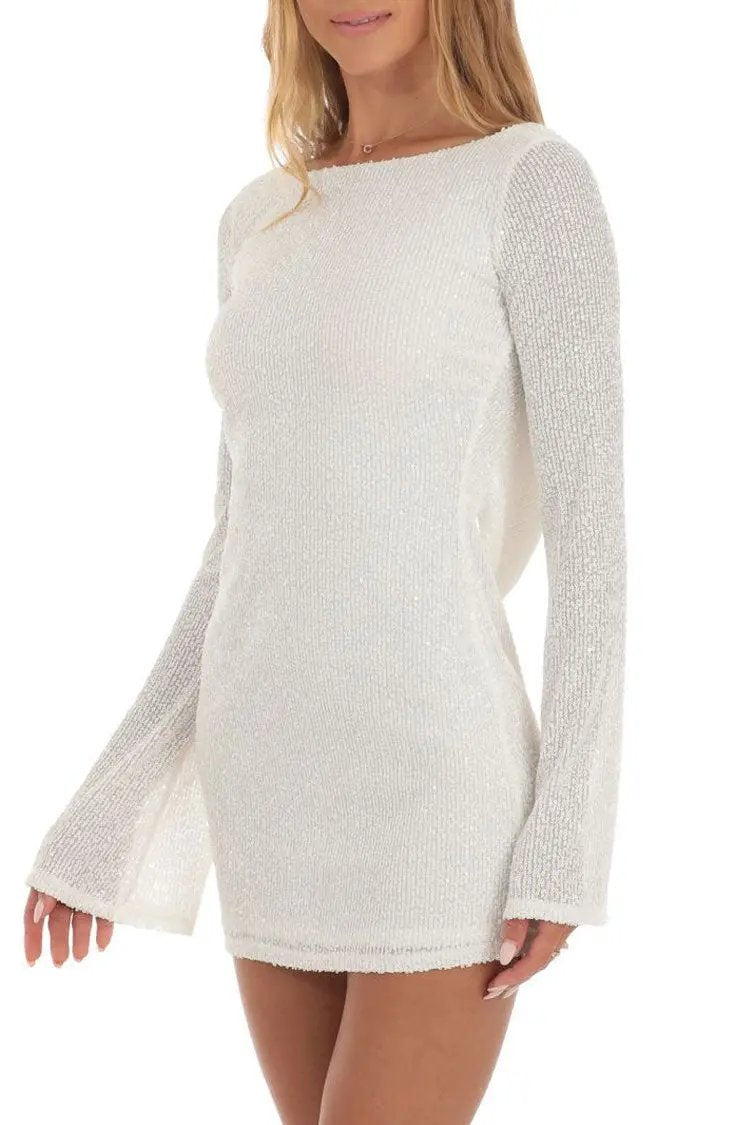 Sparkly Draped Backless Bell Sleeve Bodycon Sequin Party Mini Dress - White Fashionpara