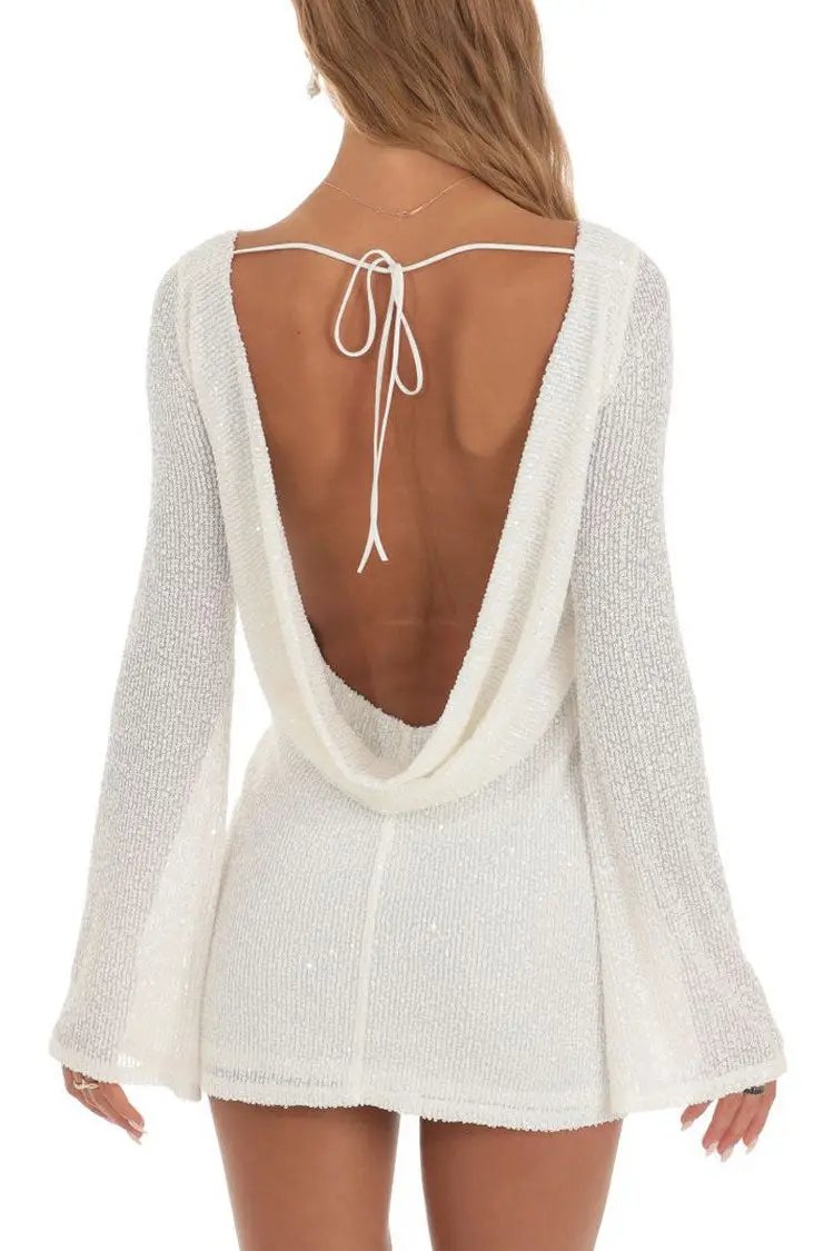 Sparkly Draped Backless Bell Sleeve Bodycon Sequin Party Mini Dress - White Fashionpara