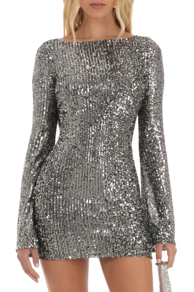 Sparkly Draped Backless Bell Sleeve Bodycon Sequin Party Mini Dress - Gray Fashionpara