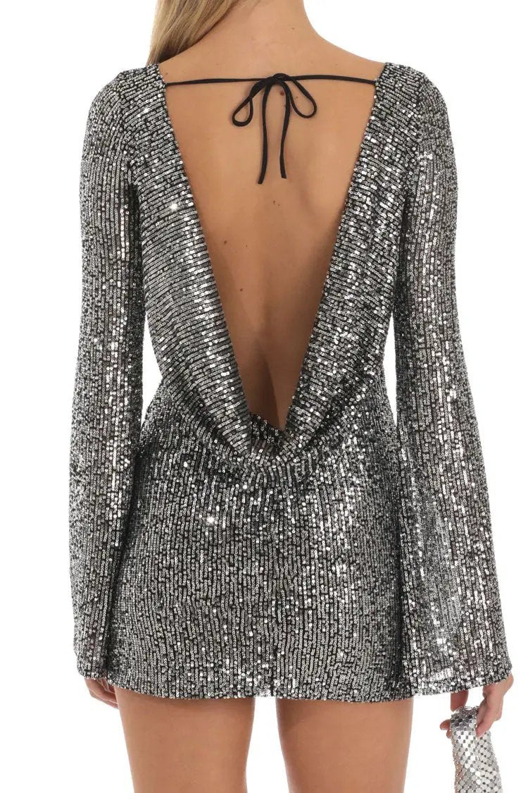 Sparkly Draped Backless Bell Sleeve Bodycon Sequin Party Mini Dress - Gray Fashionpara