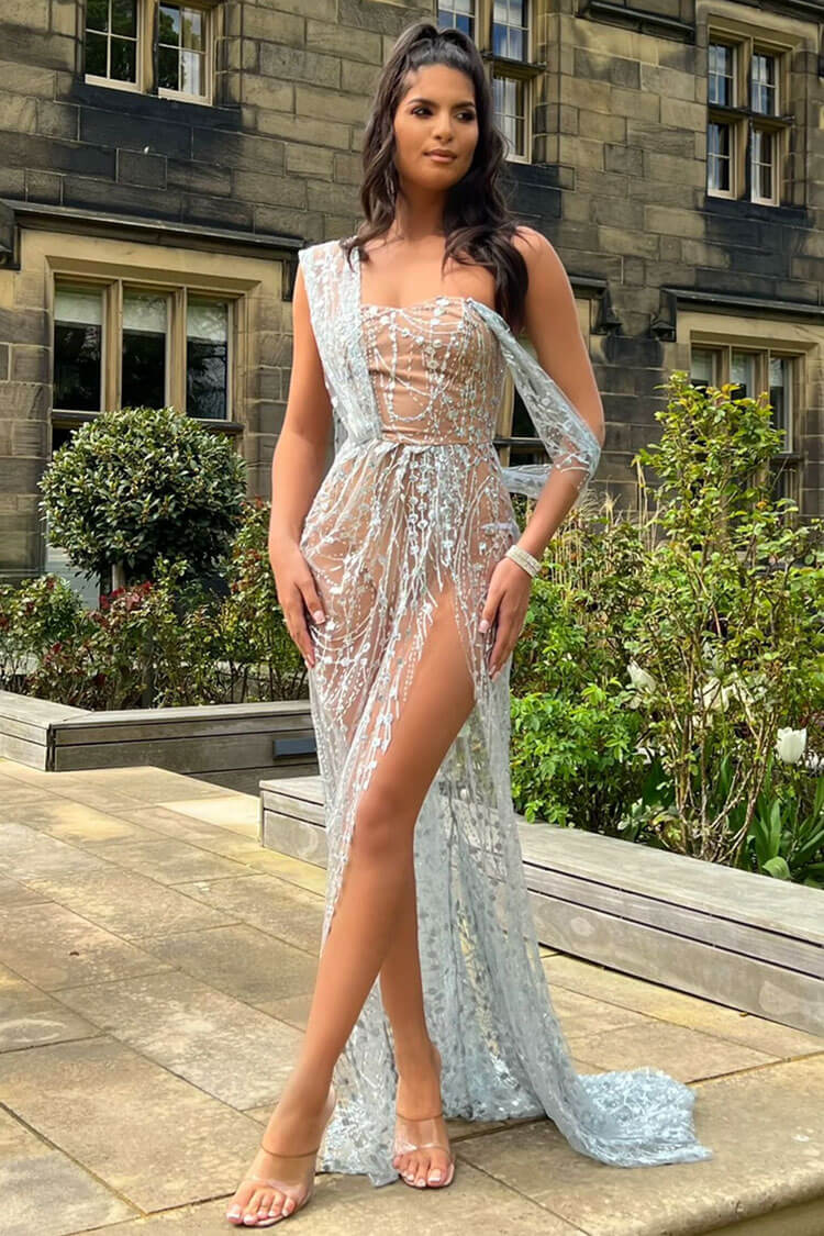 Sparkly Draped One Shoulder Sheer Mesh Sequin Split Evening Maxi Dress - Silver Fashionpara