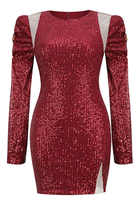 Sequin Cold-Shoulder Long Sleeve Split Bodycon Mini Dress 3