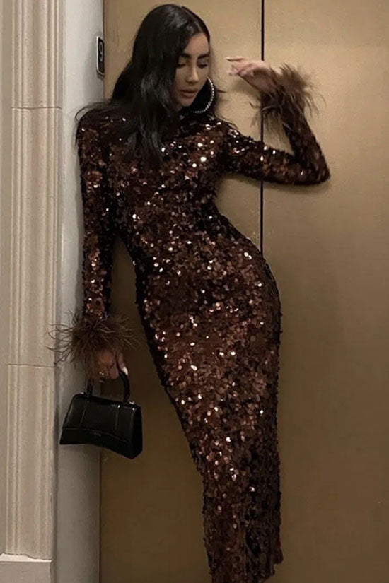 Sparkly Feather Trim Long Sleeve Velvet Sequin Midi Dress - Chocolate  Fashionpara