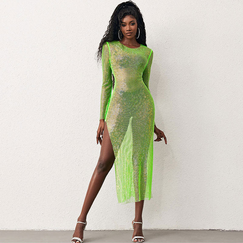 Crystal Fishnet Crew Neck Long Sleeve Side Split Maxi Dress