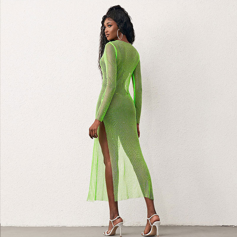 Fishnet Crystal Embellished Long Sleeve Maxi Dress - Neon Green