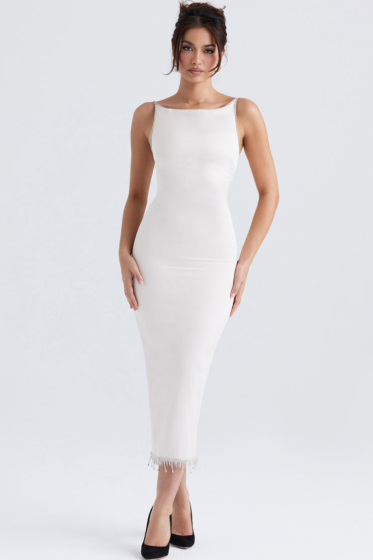 Satin Boat Neck Sleeveless Crystal Fringe Bodycon Midi Dress