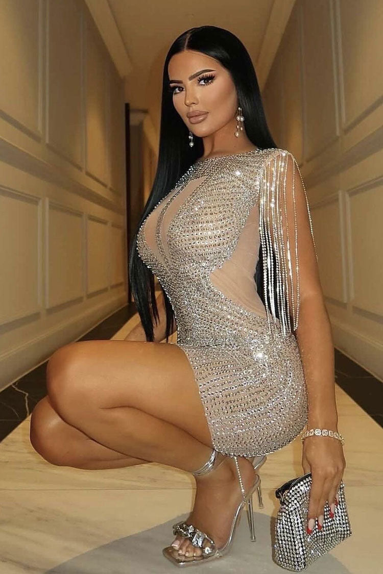 Sparkly Fringe Sleeve Semi Sheer Mesh Rhinestone Party Mini Dress - Silver  Fashionpara