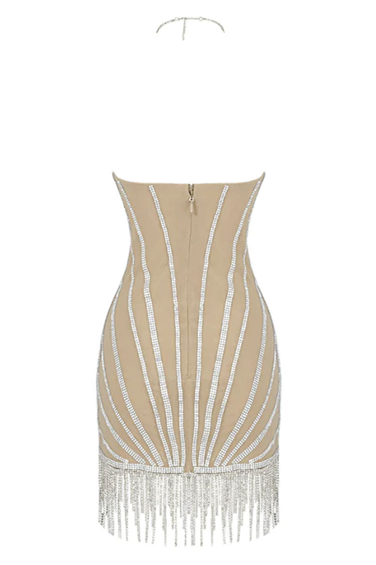 Crystal Rhinestone Fringe Halter Neck Sheer Mini Dress 4