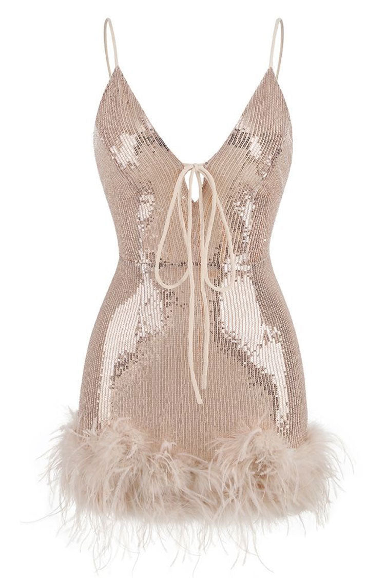 Sparkly Halter Neck Spaghetti Strap Feather Trim Sequin Party Mini Dress - Pink  Fashionpara