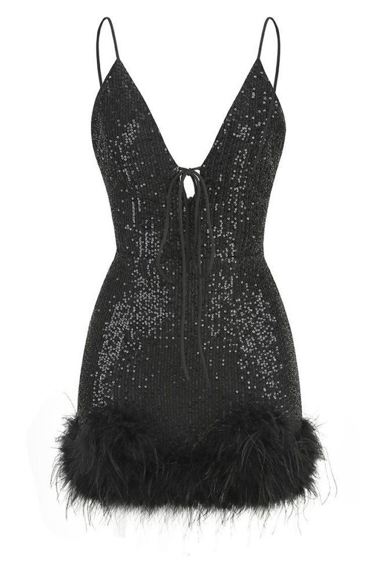 Sparkly Halter Neck Spaghetti Strap Feather Trim Sequin Party Mini Dress - Black  Fashionpara