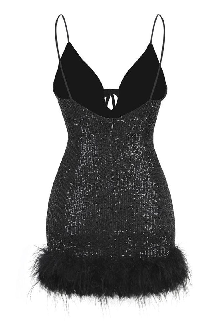 Sparkly Halter Neck Spaghetti Strap Feather Trim Sequin Party Mini Dress - Black  Fashionpara
