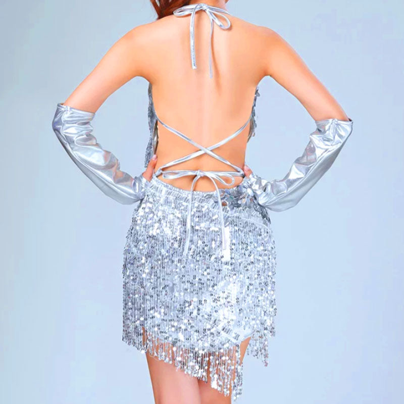 Halter V Neck Tassel Sequin Backless Mini Dress 2