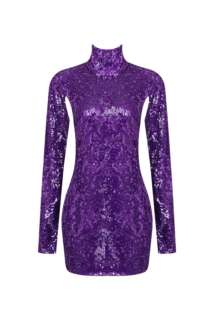Sparkly High Neck Long Sleeve Backless Bodycon Sequin Party Mini Dress - Fashionpara