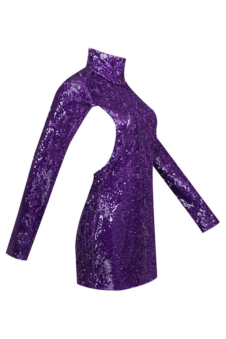 Sparkly High Neck Long Sleeve Backless Bodycon Sequin Party Mini Dress - Fashionpara