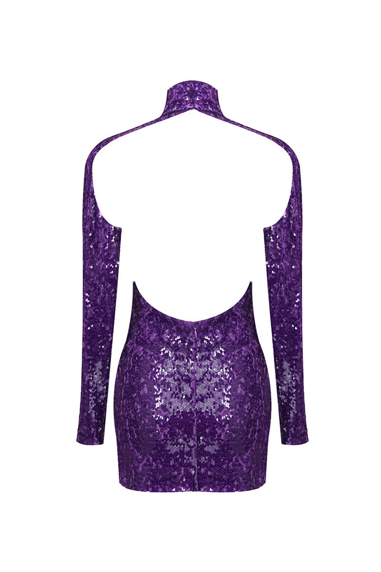 Sparkly High Neck Long Sleeve Backless Bodycon Sequin Party Mini Dress - Fashionpara