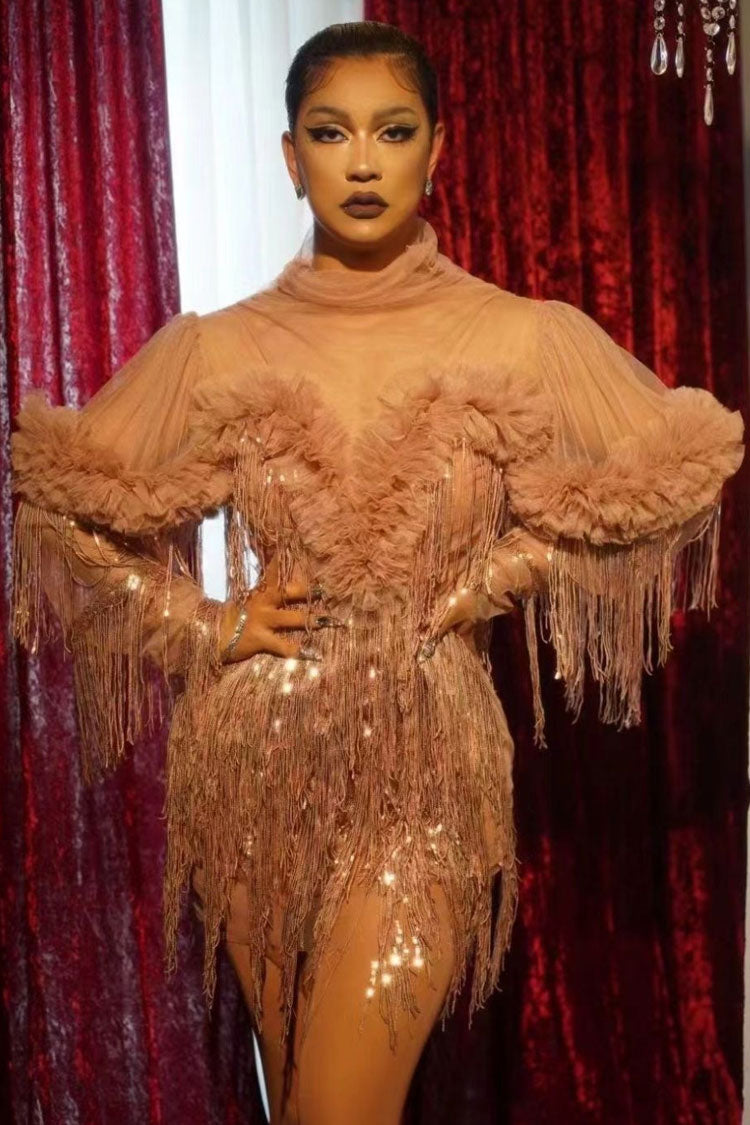 Sparkly High Neck Ruffle Sheer Tulle Layered Sequin Fringe Mini Dress - Dusty Pink Fashionpara