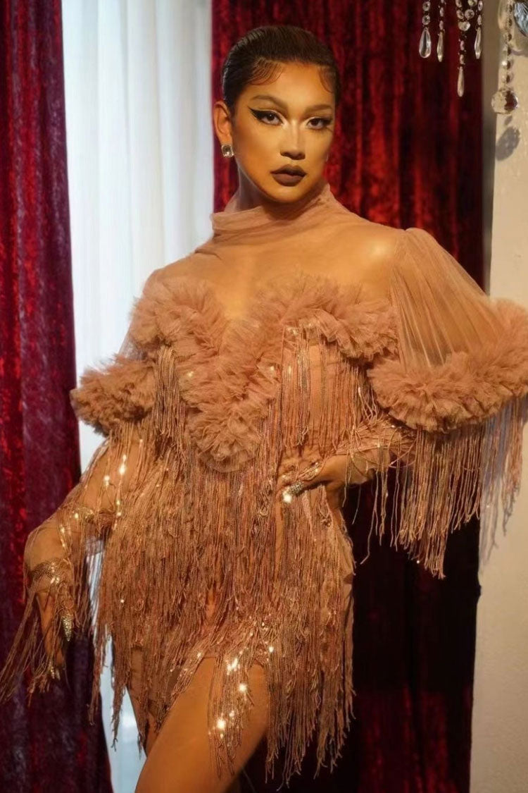 Sparkly High Neck Ruffle Sheer Tulle Layered Sequin Fringe Mini Dress - Dusty Pink Fashionpara
