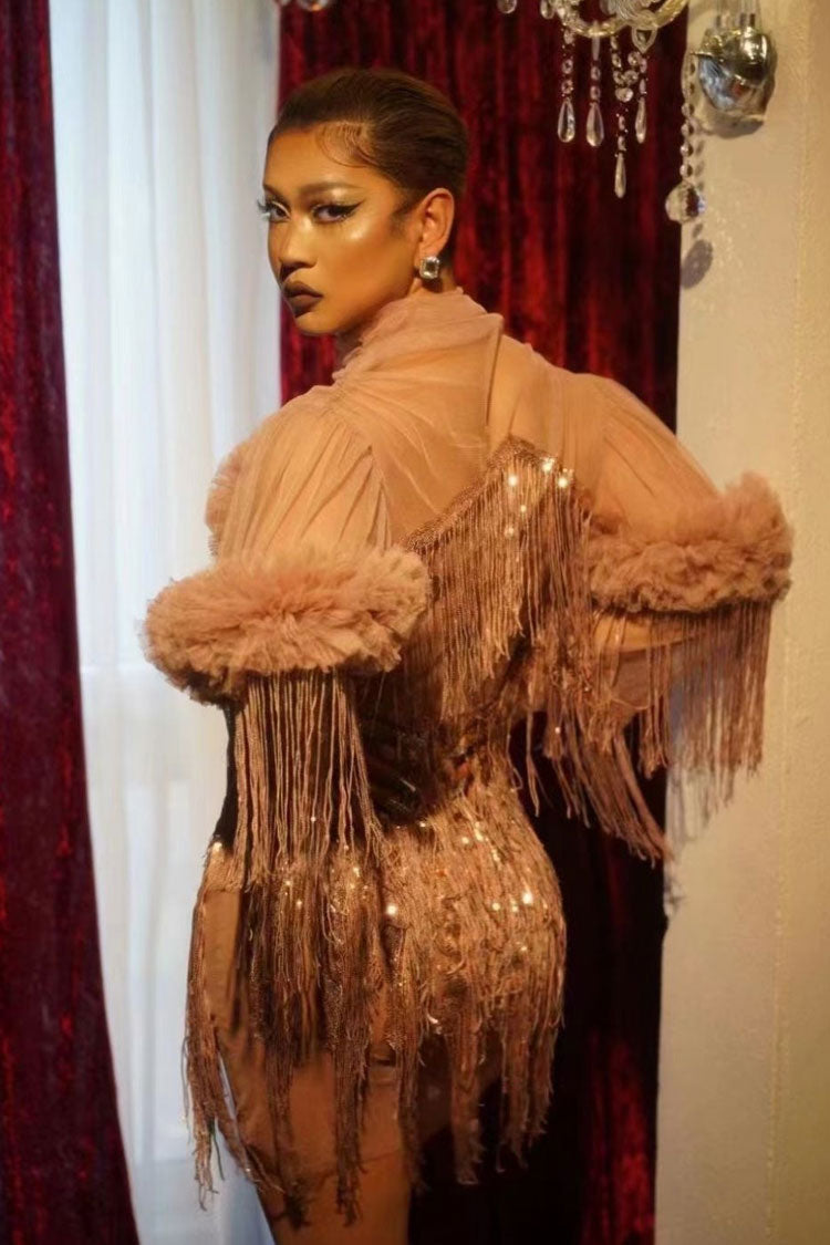 Sparkly High Neck Ruffle Sheer Tulle Layered Sequin Fringe Mini Dress - Dusty Pink Fashionpara