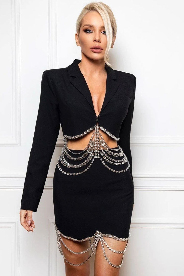 Sparkly Layered Rhinestone Crop Blazer Two Piece Mini Dress - Black  Fashionpara
