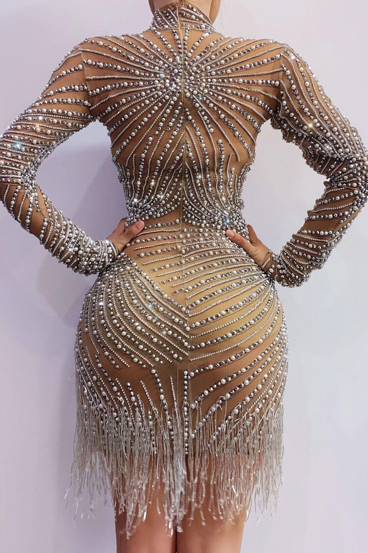 Sparkly Long Sleeve Pearl Rhinestone Fringe Sheer Mesh Party Mini Dress - Brown  Fashionpara
