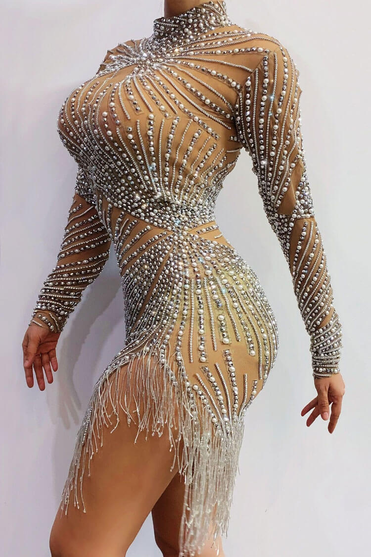 Sparkly Long Sleeve Pearl Rhinestone Fringe Sheer Mesh Party Mini Dress - Brown  Fashionpara