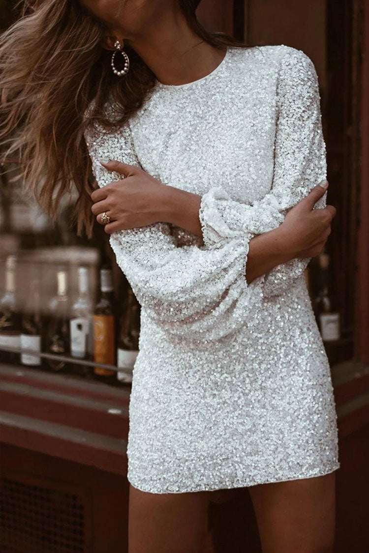 Sparkly Long Sleeve Round Neck Sequin Mini Dress - White  Fashionpara