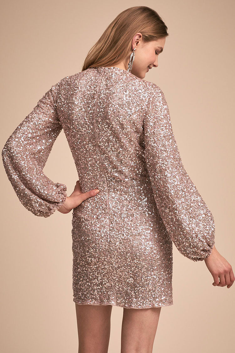 Sparkly Long Sleeve Round Neck Sequin Mini Dress - Gold  Fashionpara