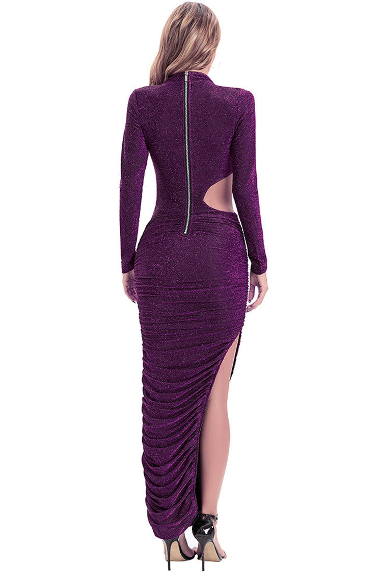 Sparkly Long Sleeve Ruched Cutout Split Formal Maxi Dress - Purple Fashionpara